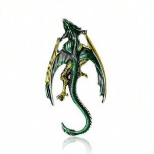 Renaissance Dragon Brooch Green & Yellow Gold Tone Engraved details folded wings
